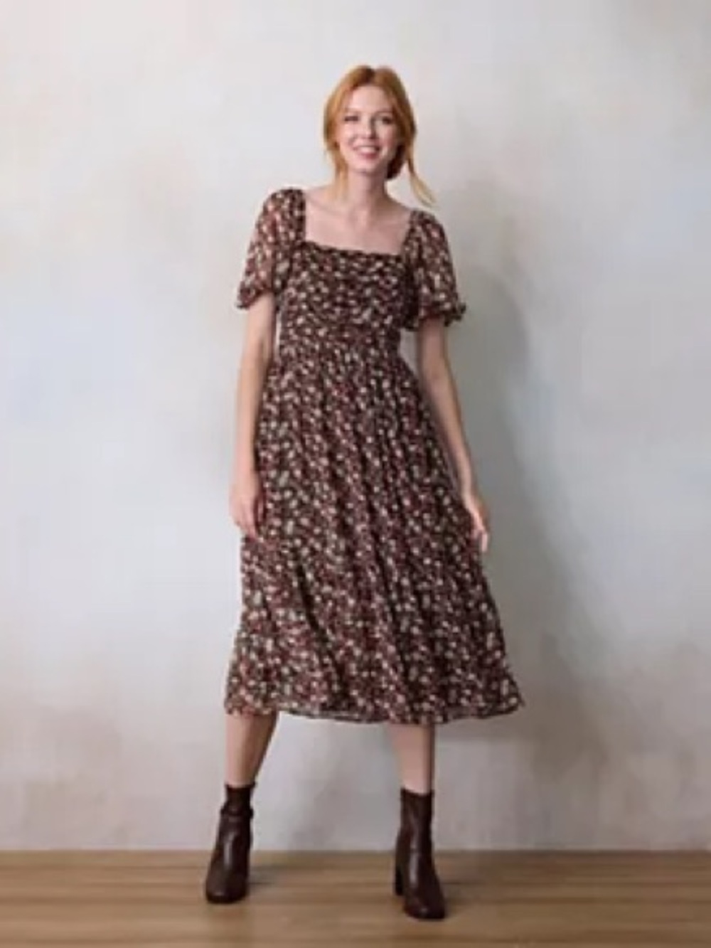 LC Lauren Conrad Plum Floral Square-Neck Midi Dress